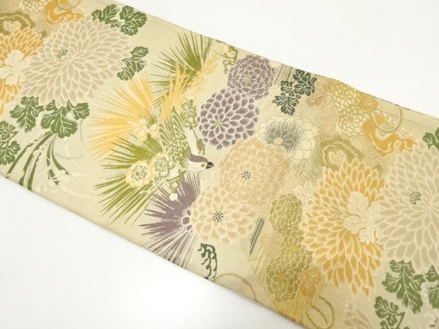 JAPANESE KIMONO / ANTIQUE MARU OBI / WOVEN- PATTERNS OF LONG-TAILED BI